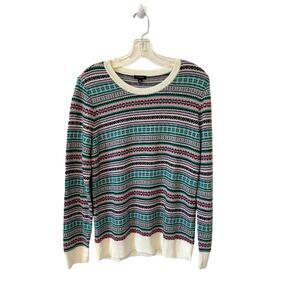 Talbots Fair Isle Lamb's Wool Sweater Pink Black White Green Size Medium